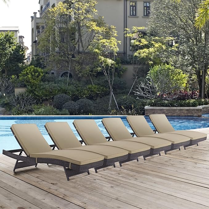 Modway Convene Wicker Rattan Outdoor Patio Chaise Lounge Chairs in Espresso Mocha - Set of 6