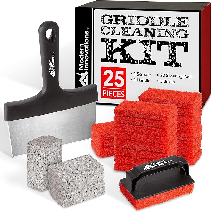 Modern Innovations 25-Piece Griddle Cleaning Kit, 20 Scouring Pads, 3 Grill Bricks, 1 Indoor Grill Scraper, 1 Handle, Pumice Stone Brick, Blackstone & Weber Compatible BBQ Flat Top Cleaner Accessories