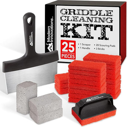 Modern Innovations 25-Piece Griddle Cleaning Kit, 20 Scouring Pads, 3 Grill Bricks, 1 Indoor Grill Scraper, 1 Handle, Pumice Stone Brick, Blackstone & Weber Compatible BBQ Flat Top Cleaner Accessories