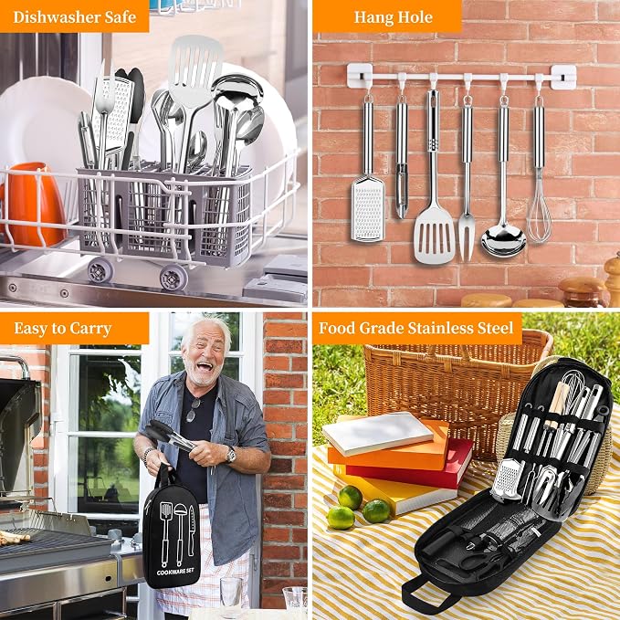 Camping Cooking Utensils Set, Stainless Steel Grill Tools, Camping BBQ Cookware Gear and Equipment for Travel Tenting RV Van Picnic Portable Kitchen Essentials Accessories