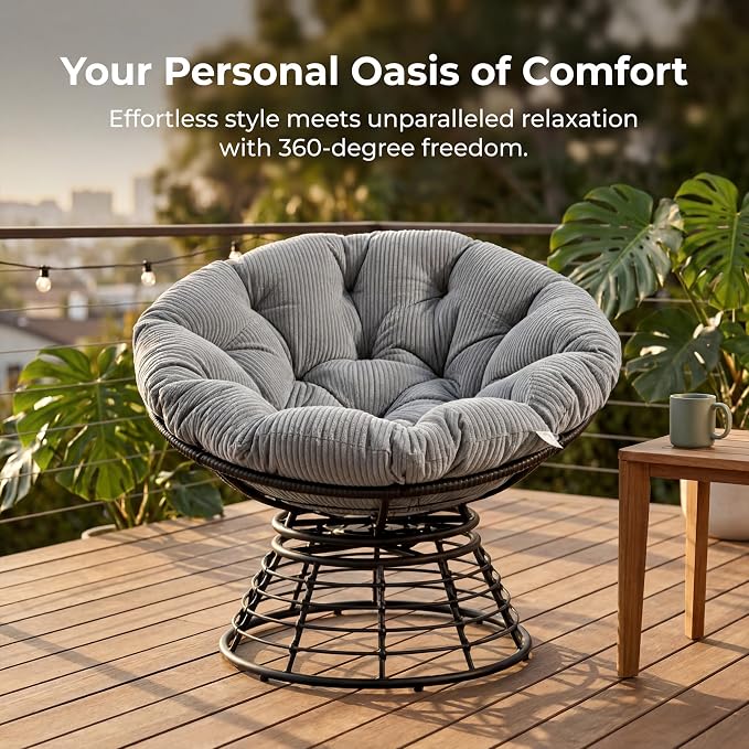 Cushion Papasan Swivel Chair, Ergonomic Wicker Round Chair with Thick Padding, Oversized Swivel Wicker Accent Chairs for Living Room, Bedroom, Reading Room, Balcony, Brown Frame, Gray
