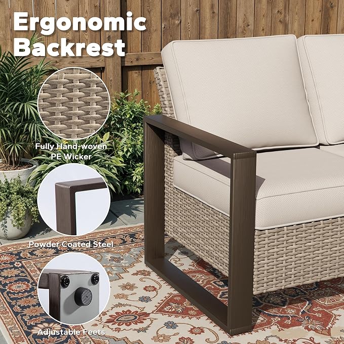 Joyside Outdoor Patio Wicker Sofa, 3-Seater Rattan Sofa with Thick Olefin Cushions and Metal Steel Rectangular Framed Armrest -Looking Metal Armrest Suitable for Garden, Backyard, Porch, Deck, Beige
