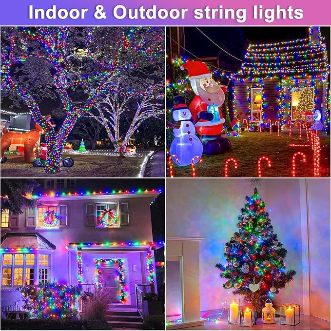 197FT 600 LED Outdoor String Lights, Multicolor Christmas Lights Indoor | Plug in Waterproof 8 Modes Clear Wire String Twinkle Lights for Bedroom Outside Patio Yard Xmas Party Wedding Decorations