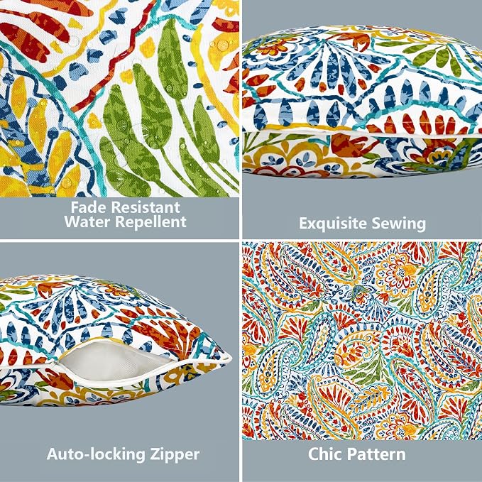 LVTXIII 2 Pack Outdoor Lumbar Pillow Covers 12x20 Inch with Piping, Water-Repellent Back Cushion Covers ONLY for Patio Furniture, Sofa, Garden Bench, Paisley Multi