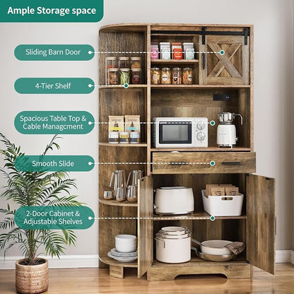 YITAHOME 67" Farmhouse Pantry with Power Outlet & Sliding Barn Door, Oak | Freestanding Hutch with Charging Station, Shelves & Drawer for Kitchen and Dining Room