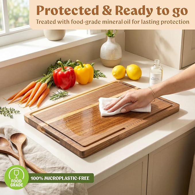 Acacia Wood Cutting Boards for Kitchen Set of 3, Double sided | Non Toxic Wooden Chopping Boards: Cut on One Side, Serve on the Other, large kitchen boards for charcuterie