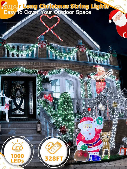 BrightChristmas 1000 LED 328 FT Outdoor String Lights with Remote and Timer, Dimmable with 8 Modes, Waterproof, Cool White Fairy Lights for Christmas Tree & Holiday Decor