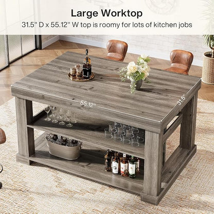 Tribesigns 55" Kitchen Island with Seating and Storage, 3-Tier, Farmhouse | Wood Stationary Island Table with Large Worktop & Legroom, Heavy Duty, Coffee Bar Table with Storage Shelf for Kitchen, Grey