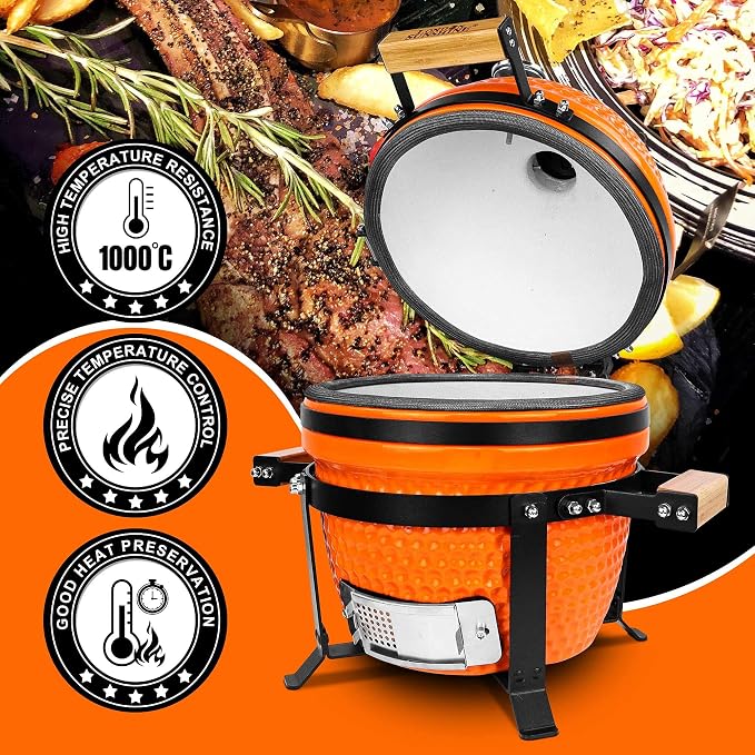 London Sunshine Ceramic Charcoal BBQ Kamado Grill Smoker - Portable Tabletop Cadet Series -Orange