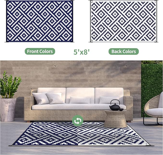 GENIMO Outdoor Rug, Waterproof Plastic Rugs for Patio, 5'x8' Blue White | Outside Larger Modern Carpet Mat for Porch Decor, Deck, Balcony, Camping, RV, Backyard, Picnic, Beach, Reversible, Foldable