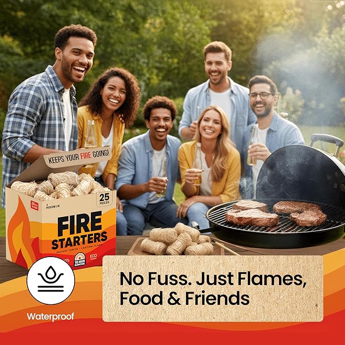 Moscow-Mix Fire Starter - Natural Fire Starters for Fireplace, Campfires, BBQ, Wood Stove, Smokers, Fire Pits - 25 pcs Weather Resistant Charcoal Starter for Grill - Food Grade Wax with 10 Min Burn