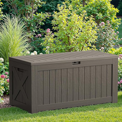 JUMMICO 120 Gallon Resin Deck Box, Large Outdoor Storage Box Waterproof & Lockable for Garden, Patio, Pools (Deep Brown)