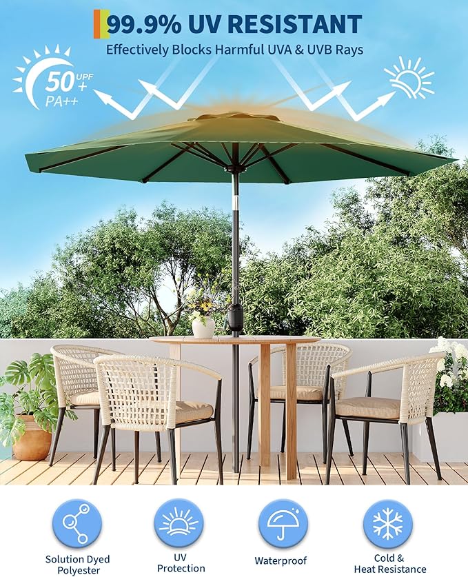GarveeLife 10 ft Outdoor Patio Umbrella,Table Market Umbrella with Push Button Tilt and Crank, 8 Sturdy Ribs UV Protection Waterproof for Garden, Deck, Backyard, Pool (Dark Green)