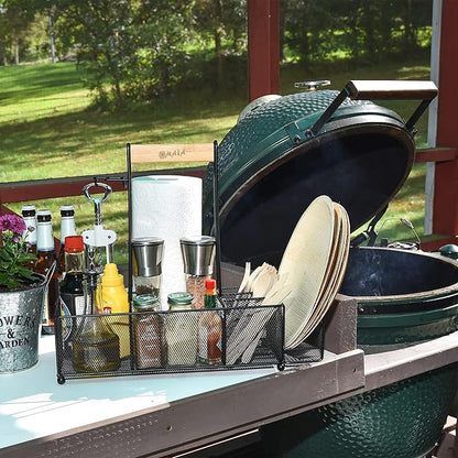 OMAIA BBQ and Grill Caddy with Paper Towel Holder, Wood Handle & 2 Hooks – Camper Accessories Condiment Caddy – Plates, Cutlery and BBQ Organizer for Camping Outdoor, RV - US Patent Pending