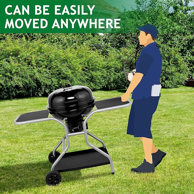 LEADZM 22.5 inch Kettle Charcoal Grill with Side Table&Ash Catcher, Portable Round Barbecue Grill with Wheels for Outdoor, Great for Small Patio Backyard, Camping, Picnics, Backyard BBQs, Black