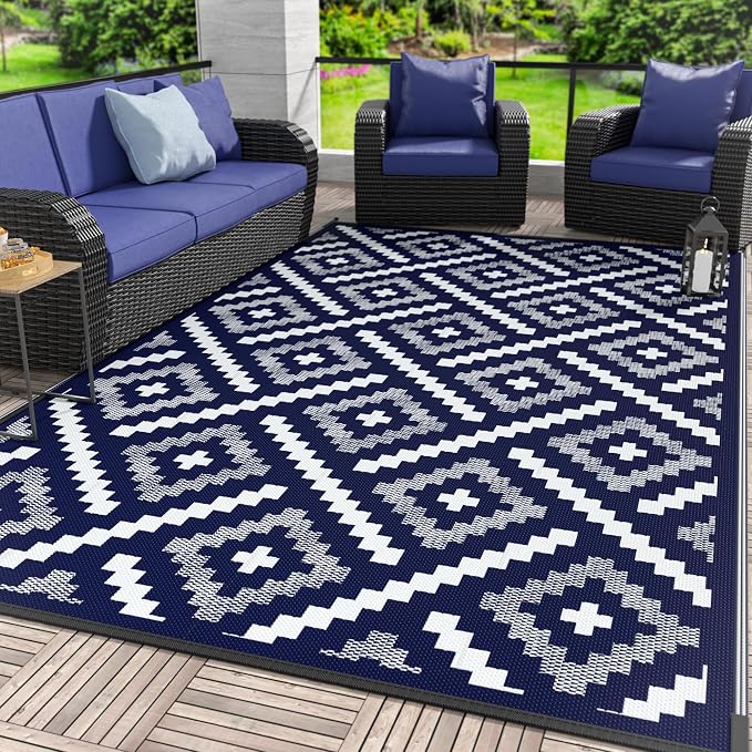 GENIMO Outdoor Rug, Waterproof Plastic Rugs for Patio, 6'x9' Navy Blue | Outside Larger Modern Carpet Mat for Porch Decor, Deck, Balcony, Camping, RV, Backyard, Picnic, Beach, Reversible, Foldable
