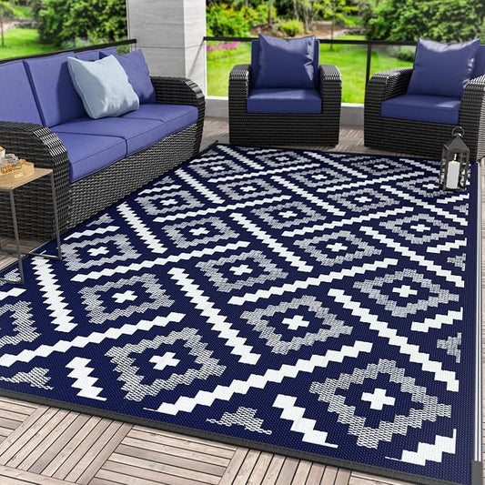 GENIMO Outdoor Rug, Waterproof Plastic Rugs for Patio, 6'x9' Navy Blue | Outside Larger Modern Carpet Mat for Porch Decor, Deck, Balcony, Camping, RV, Backyard, Picnic, Beach, Reversible, Foldable