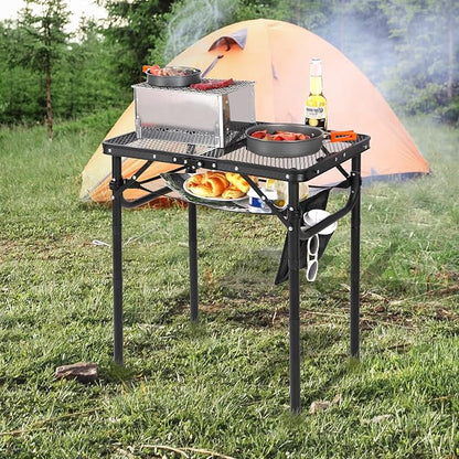 Folding Grill Table, Lightweight Height Adjustable Aluminum Table with Mesh Desktop and Mesh Bag for Outdoor Camping Picnic BBQ, Small 2 Feet, Black