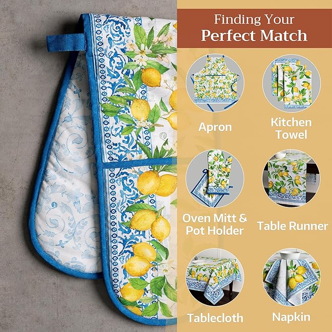 Maison d' Hermine Double Oven Mitts 100% Cotton 7"x35" Double Oven Mitt Heat Resistant BBQ Cooking Gloves with Loop Baking Grilling Kitchen Hotel Home Farmhouse Spring Summer (Cedrat)