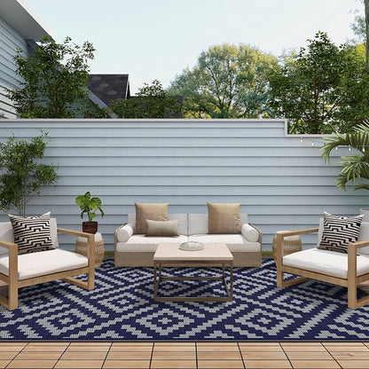 GENIMO Outdoor Rug, Waterproof Plastic Rugs for Patio, 8'x10' Blue Grey | Outside Larger Modern Carpet Mat for Porch Decor, Deck, Balcony, Camping, RV, Backyard, Picnic, Beach, Reversible, Foldable