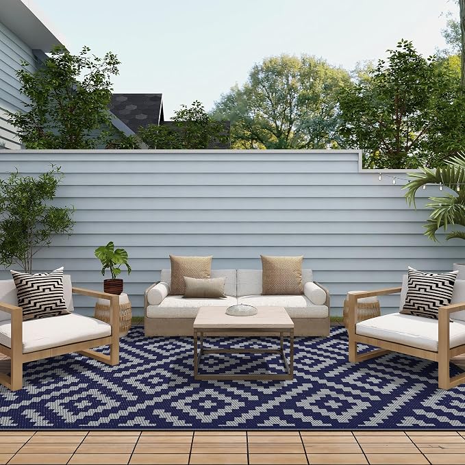 GENIMO Outdoor Rug, Waterproof Plastic Rugs for Patio, 6'x9' Blue Grey | Outside Larger Modern Carpet Mat for Porch Decor, Deck, Balcony, Camping, RV, Backyard, Picnic, Beach, Reversible, Foldable