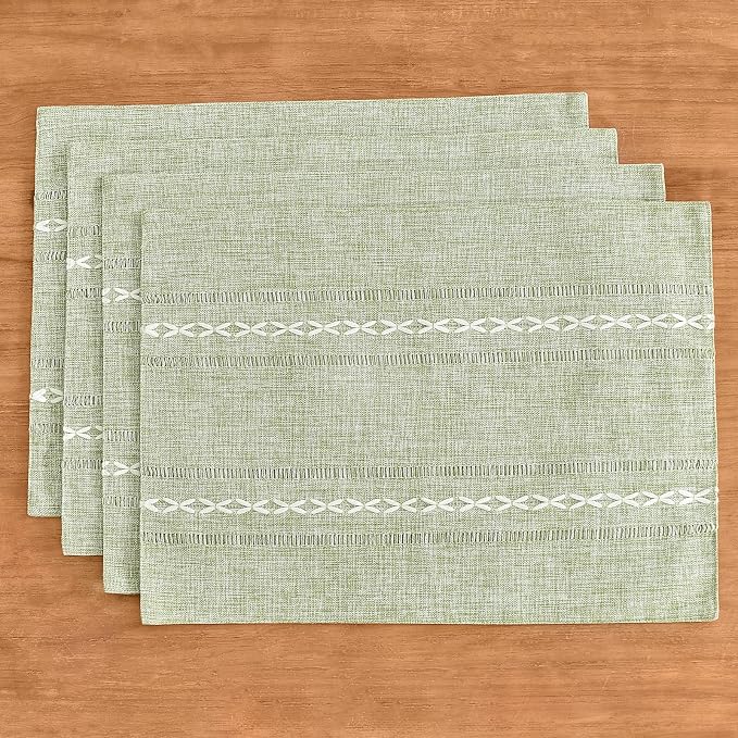 Wracra Cotton Linen Place Mats, Sage Green Embroidered Placemats Set of 4 | Placemats 12 x 18 Inch; Cotton Linen Woven Fabric; Heat Resistant Table Mats; Raised Embroidered Hollow Design