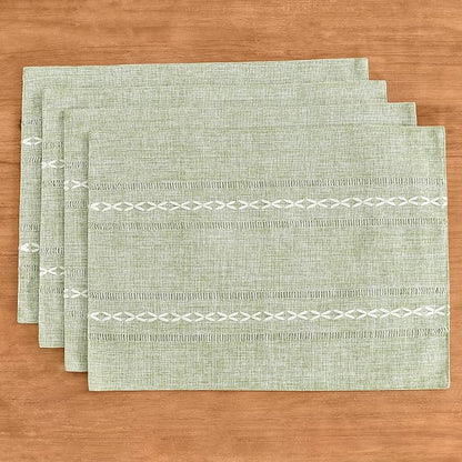 Wracra Cotton Linen Place Mats, Sage Green Embroidered Placemats Set of 4 | Placemats 12 x 18 Inch; Cotton Linen Woven Fabric; Heat Resistant Table Mats; Raised Embroidered Hollow Design