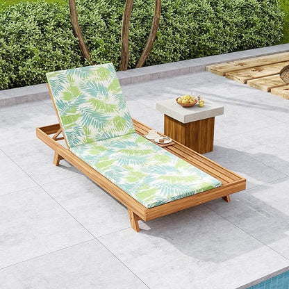 Christopher Knight Home Kayes Acacia Wood Chaise Lounge with 2'' Cushion, Outdoor 79'' Patio Recliner Chair with 4-Position Adjustable Backrest, Sun Lounger for Poolside Backyard, Teak+Green Leaf