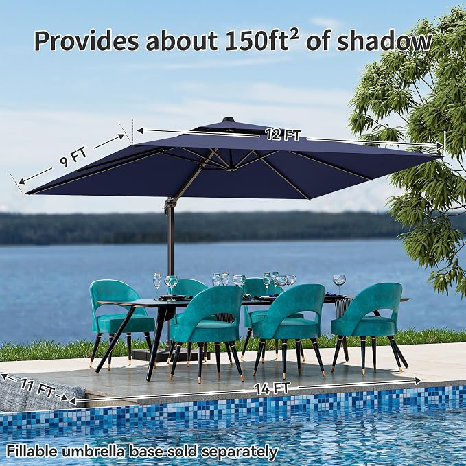 9x12FT Navy Blue Cantilever Outdoor Patio Umbrella with Base, Large Rectangular Offset Design, Double Top Heavy Duty Aluminum Frame & 360° Rotation for Pool Garden Deck Backyard