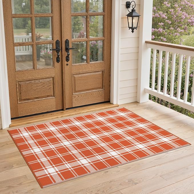 GENIMO Outdoor Rug 3'x5' Waterproof for Porch, Plastic Door Mat Orange Plaid