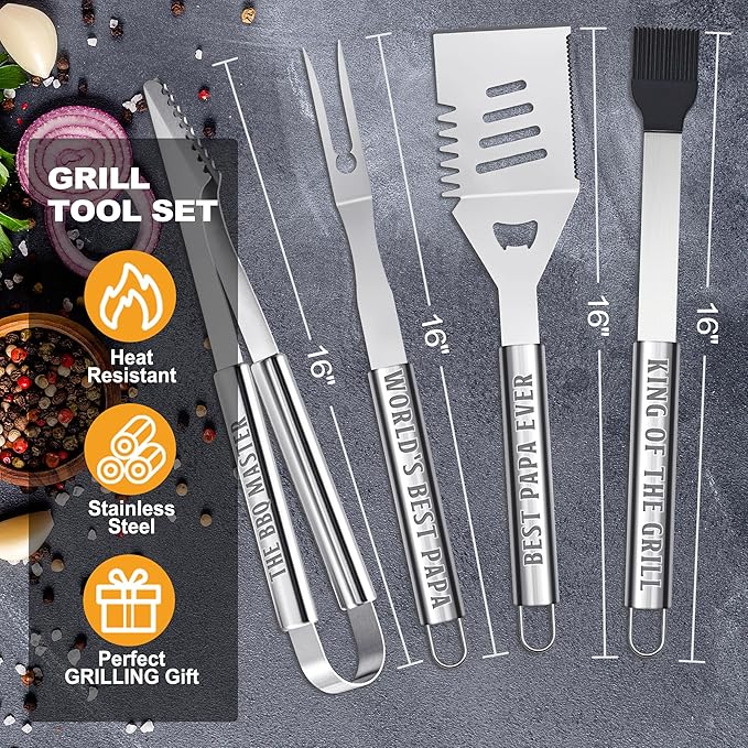 Papa Gifts, Grilling Accessories, Heavy Duty Stainless Steel Grill Set BBQ Grill Tools for Outdoor Grill with Aluminum Case, Papa Grill Utensils Ideal Christmas Grilling Gift for Men(Black)