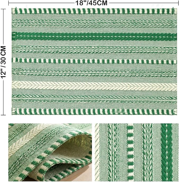 Artoid Mode Emerald Farmhouse Woven Braided Stripe Placemats Set of 6,12x18 Inch Seasonal Holiday Table Mats Party Kitchen Dining Decoration