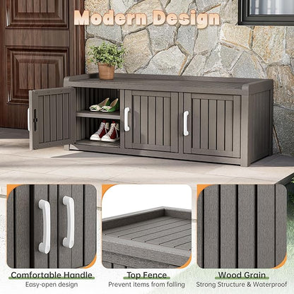 Bifanuo Shoe Storage Cabinet, 3 Door Outdoor Storage Bench with Adjustable Shelves, Waterproof UV-Resistant for Hallway, Living Room, Entryway, Large Capacity Modern Organizer (Grey)