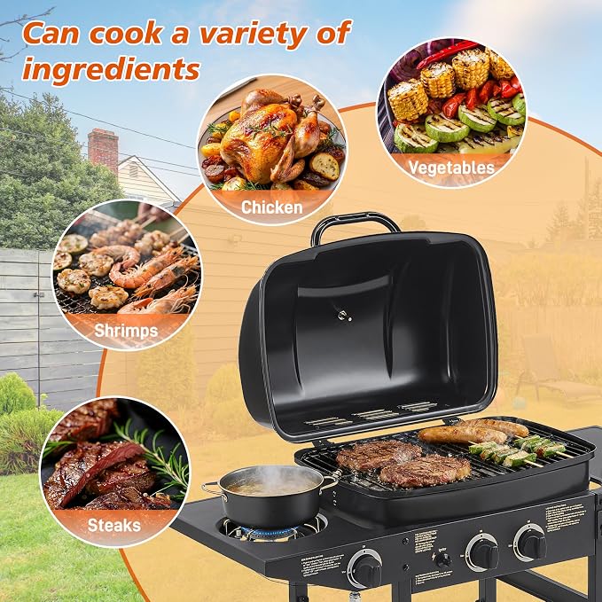 37" Stainless Steel Outdoor Kitchen BBQ Island Grill with LPG Black | 2 Burner 24000 BTU Enameled Grates and Side Tables for Outdoor Cooking Kitchen and Patio Backyard