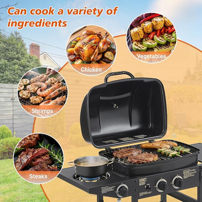 37" Stainless Steel Outdoor Kitchen BBQ Island Grill with LPG Black | 2 Burner 24000 BTU Enameled Grates and Side Tables for Outdoor Cooking Kitchen and Patio Backyard