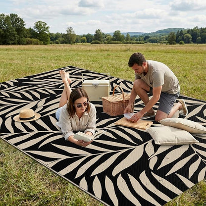 Smiry Outdoor Rug 5x8 ft Waterproof Reversible Leaf Mat, Black & Beige | Polypropylene Plastic Straw, Quick Drying, Lightweight Foldable, for Patio, Deck, RV Camping, Backyard and Indoor Outdoor Use