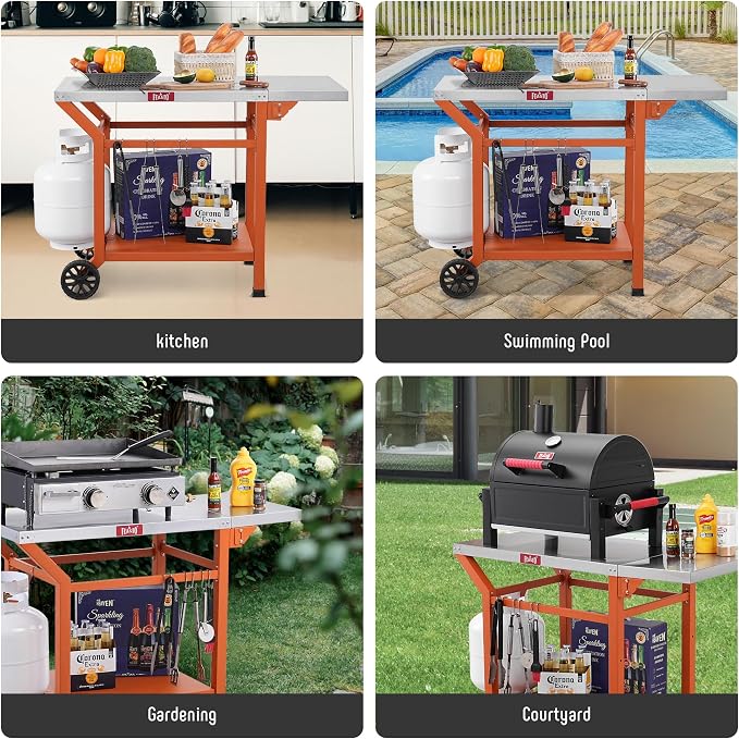 Feasto 43" Lx20 W Grill Table with Folding Side Table & Undershelf, Orange | Stainless Steel Tabletop, Foldable Side Shelf, Sturdy Undershelf, for Pizza Ovens, BBQ Grills, & Prep Work (Hooks Included)