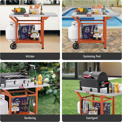 Feasto 43" Lx20 W Grill Table with Folding Side Table & Undershelf, Orange | Stainless Steel Tabletop, Foldable Side Shelf, Sturdy Undershelf, for Pizza Ovens, BBQ Grills, & Prep Work (Hooks Included)
