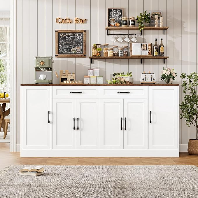 71” Large Buffet Cabinet, Sideboard with Adjustable Shelves | 6 Soft-Close Doors, Sideboard Wood Coffee Bar Console Table for Kitchen, Dining Room (White)