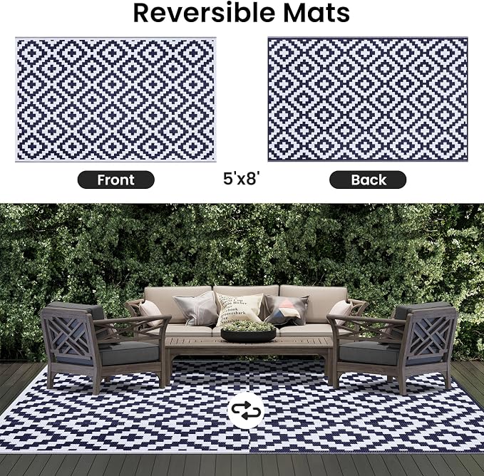 Smiry Outdoor Rug 5x8 ft Waterproof Reversible Boho Mat, White & Navy | Polypropylene Plastic Straw, Quick Drying, Lightweight Foldable, for Patio, Deck, RV Camping, Backyard and Indoor Outdoor Use