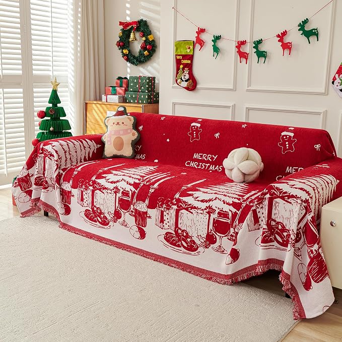 MYSKY HOME Christmas Couch Cover, Sofa Cover for 3 Cushion Couch, Non-Slip Soft Sofa Slipcover Protector, Sofa Covers Washable, Couch Covers for Sectional Sofa, Sofa Towel for Pet Cat Dog, 71" x 134"