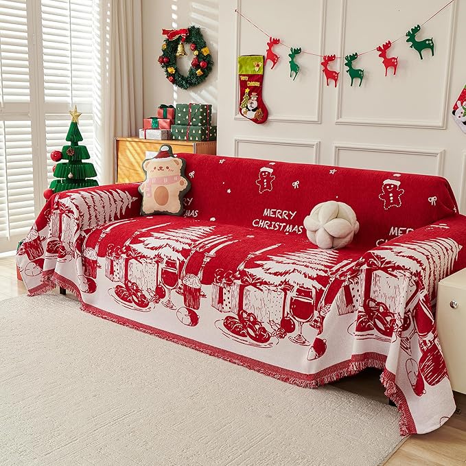MYSKY HOME Christmas Couch Cover, Sofa Cover for 2 Cushion Couch, Non-Slip Soft Sofa Slipcover Protector, Sofa Covers Washable, Couch Covers for Sectional Sofa, Sofa Towel for Pet Cat Dog, 71" x 118"