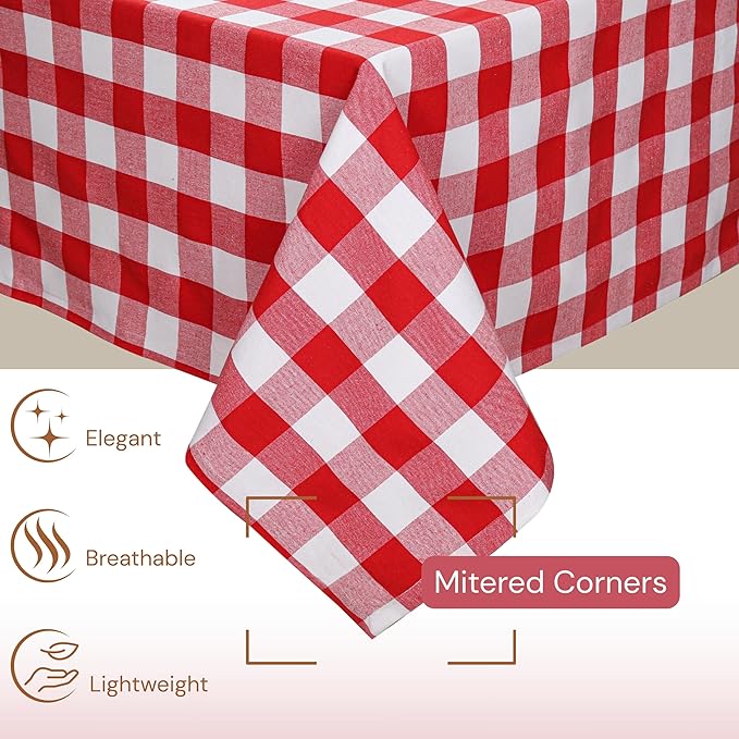 Buffalo Plaid Check 52"x70" Tablecloth 100% Cotton Washable Rustic Rectangle Table Cover Decorative for Gifts, Dining, BBQ, Buffet Parties & Camping - Red