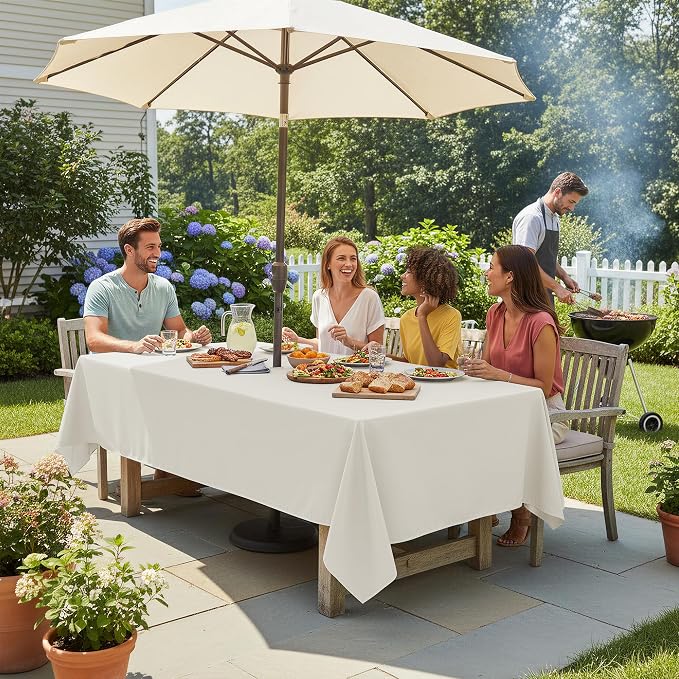 LUSHVIDA Rectangle Outdoor Tablecloth with Umbrella Hole and Zipper, 60x102 Inch Beige, Washable Waterproof Table Cloth Spill Proof Wrinkle Free Table Cover for Patio Spring Summer Picnic BBQS