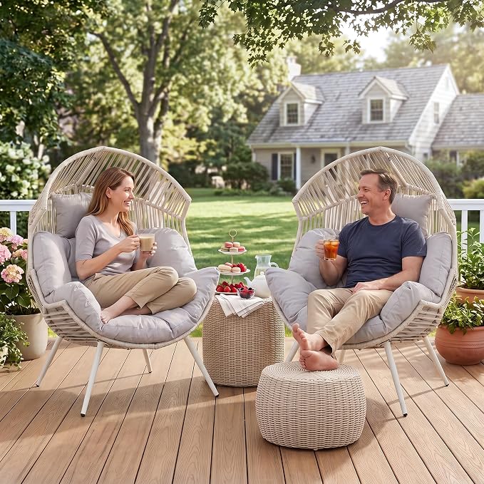 Shintenchi Wicker Egg Chair Rattan Patio Chair with Cushion, Oversized Patio Lounge Chairs Egg Basket Chair, Egg Seat for Indoor Living Room Bedroom Outside, Light Grey
