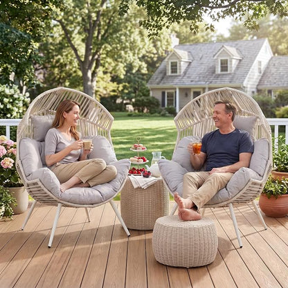 Shintenchi Wicker Egg Chair Rattan Patio Chair with Cushion, Oversized Patio Lounge Chairs Egg Basket Chair, Egg Seat for Indoor Living Room Bedroom Outside, Light Grey