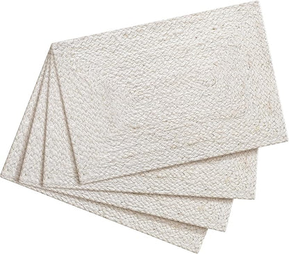 Hausattire Jute Braided Placemats 13x19 Inches Set of 4 Reversible Handwoven Boho Vintage Placemats for Kitchen Dining Tables|BBQ's Farmhouse Easter Decor Indoor & Outdoor Parties|Off-White