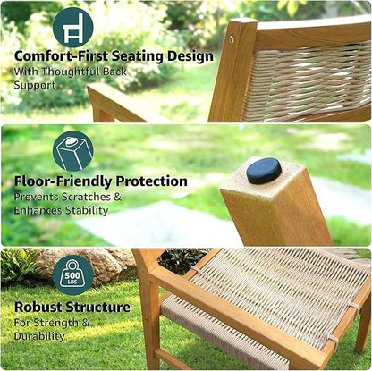 Acacia Heritage Woven Rope Wood Armchair, Set of 2 - Handcrafted Outdoor Patio Dining Chairs with UV Resistant Finish - Solid Wood Boho Accent Seating for Deck, Porch & Backyard, Natural