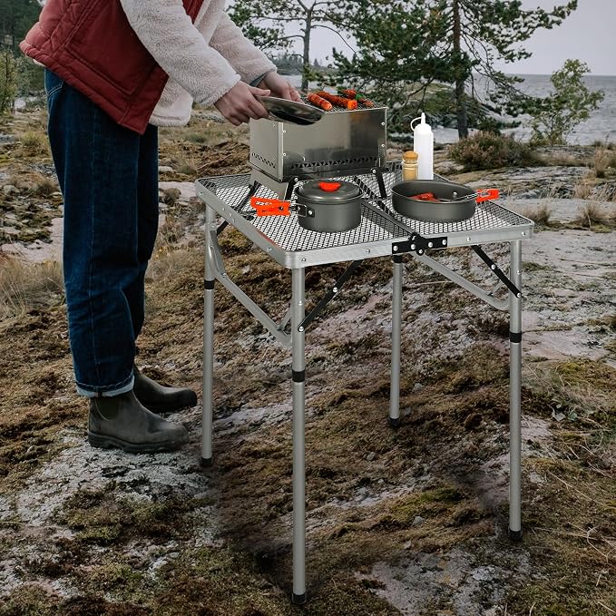 Portable Grill Table for Outside, Aluminum Folding Grill Stand Table for Outdoor Camping Picnic BBQ, Lightweight Adjustable Height, 24"x24"x9.8"/27" Sliver
