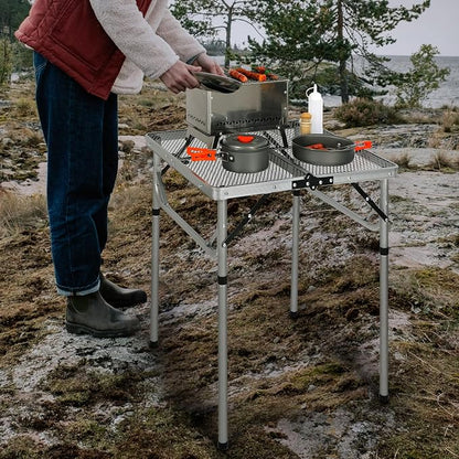 Portable Grill Table for Outside, Aluminum Folding Grill Stand Table for Outdoor Camping Picnic BBQ, Lightweight Adjustable Height, 24"x24"x9.8"/27" Sliver